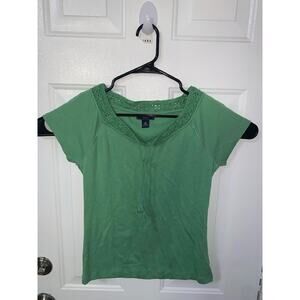 Chaps Denim Womens Green Short Sleeve Crochet Neck Top M